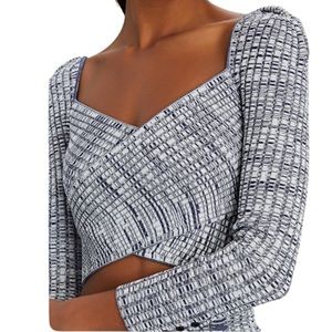 NWOT SELF-PORTRAIT Crossover Ribbed Knit Crop Top Navy/White LG new without tags